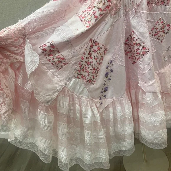 Pink Upcycled Boho Shabby Chic High Low  Dress with  Ruffles & Appliqués, Size M - Picture 13 of 13